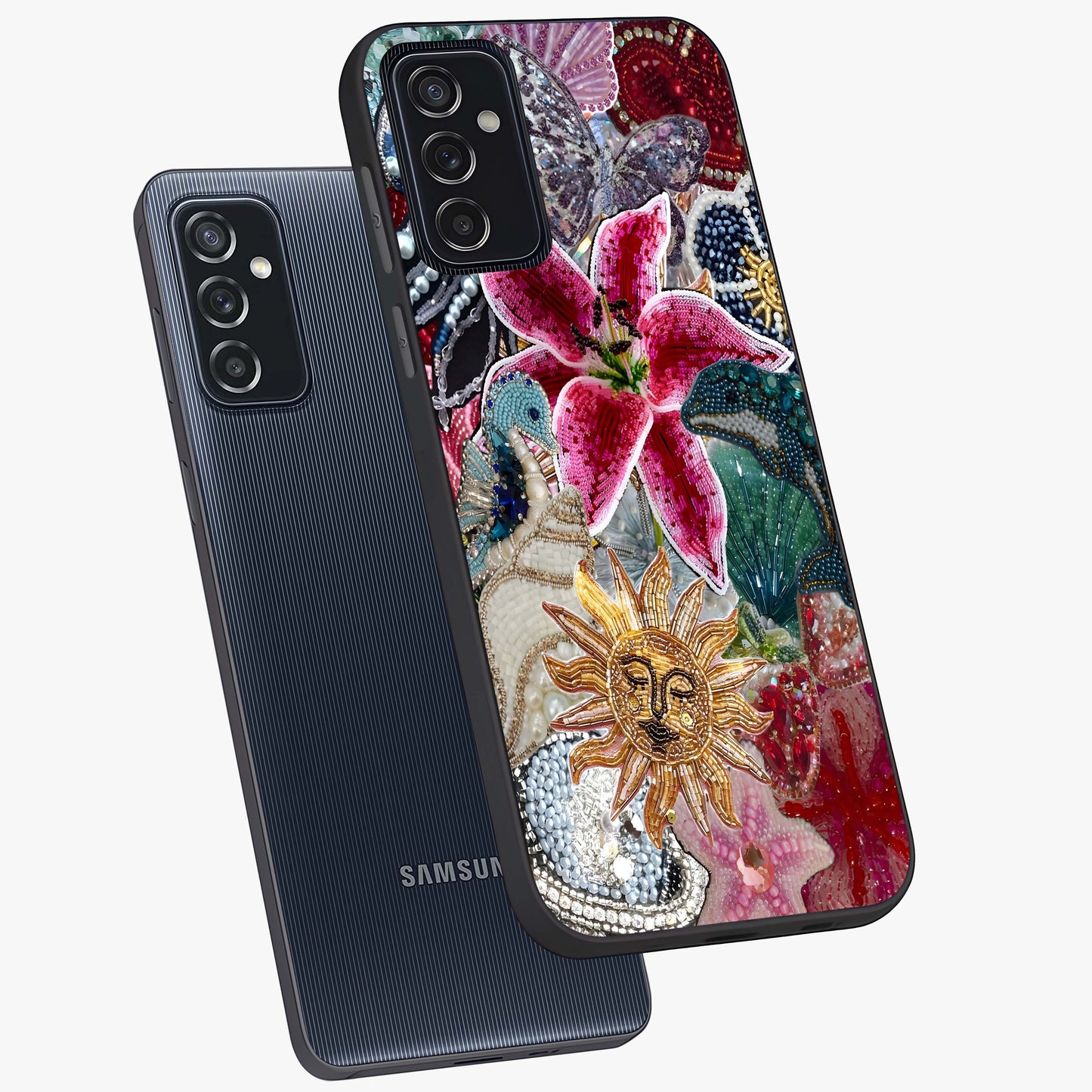 Beaded Garden Fantasy Glass Case displayed in angled mockup highlighting fantasy inspired floral bead pattern.