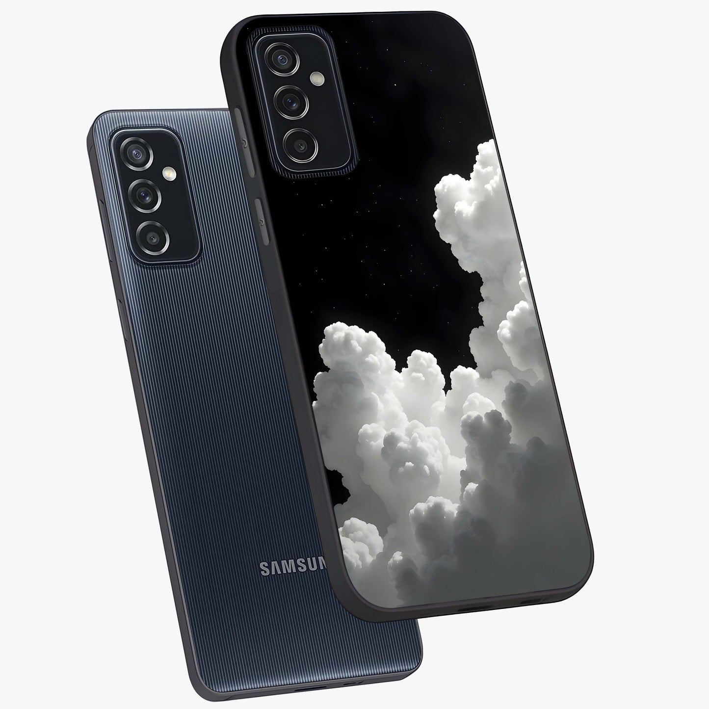 Black Background With White Cloud Glass Case displayed in angled mockup highlighting soft white cloud illustration and minimal design.