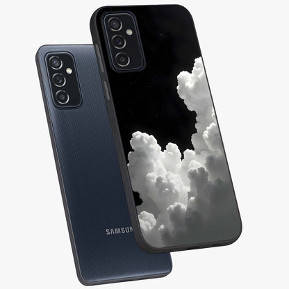 Black Background With White Cloud Glass Case displayed in angled mockup highlighting soft white cloud illustration and minimal design.