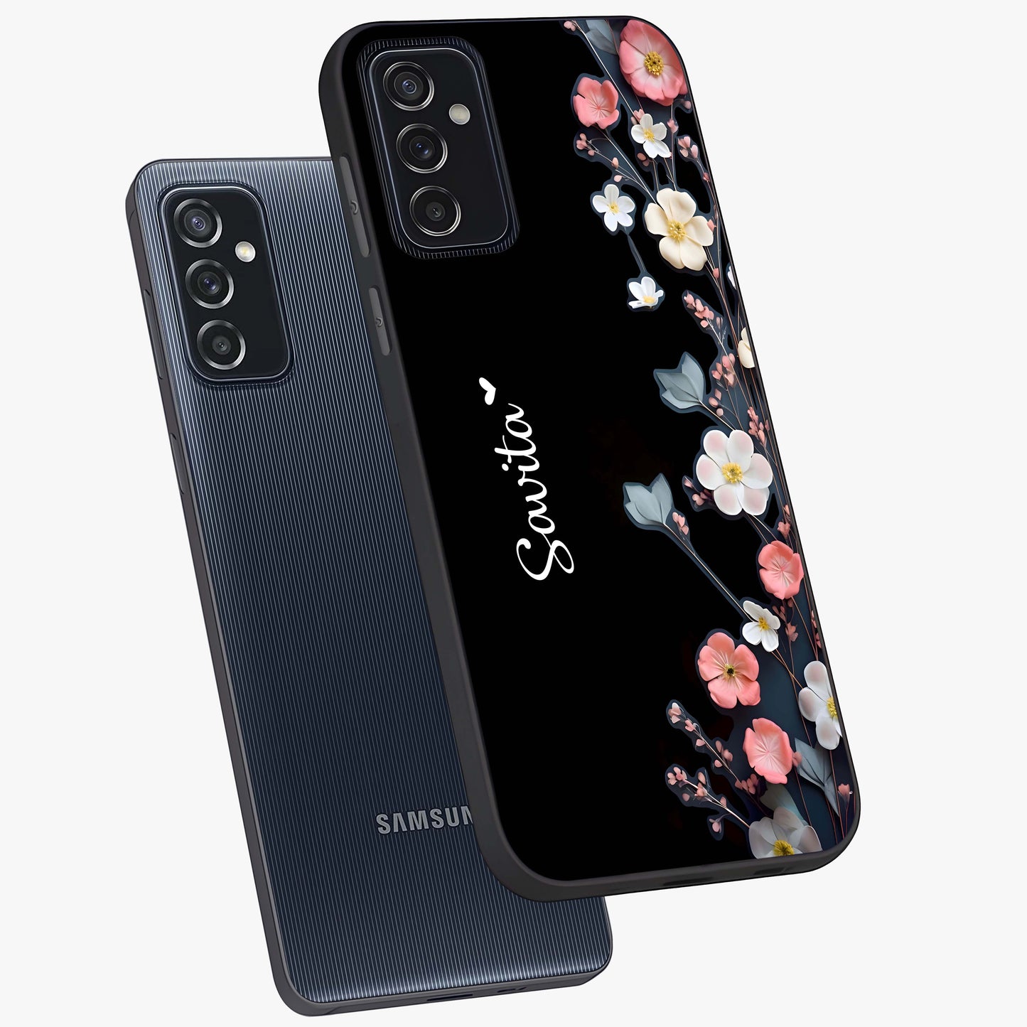 Black Elegance Floral Custom Name Glass Case displayed in angled mockup highlighting dark floral aesthetic and custom name feature.
