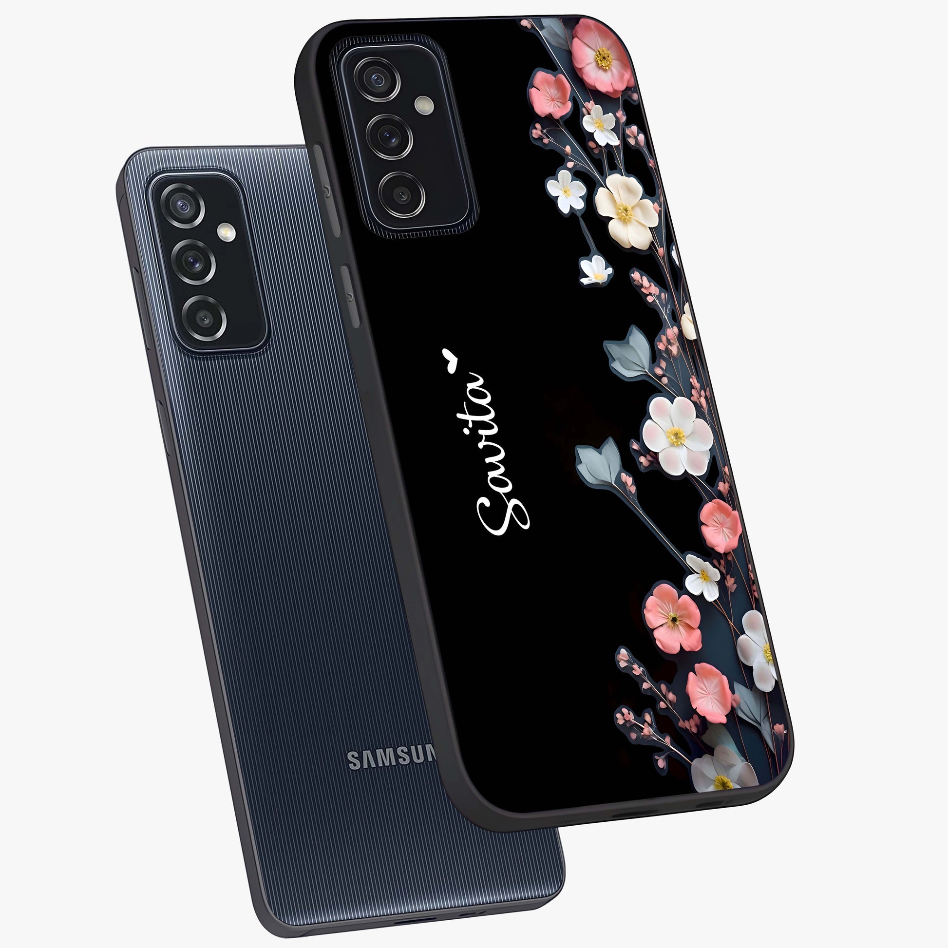 Black Elegance Floral Custom Name Glass Case displayed in angled mockup highlighting dark floral aesthetic and custom name feature.