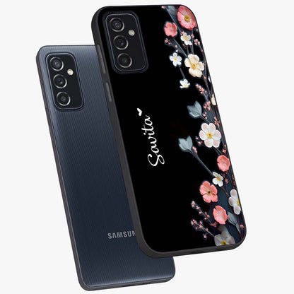 Black Elegance Floral Custom Name Glass Case displayed in angled mockup highlighting dark floral aesthetic and custom name feature.