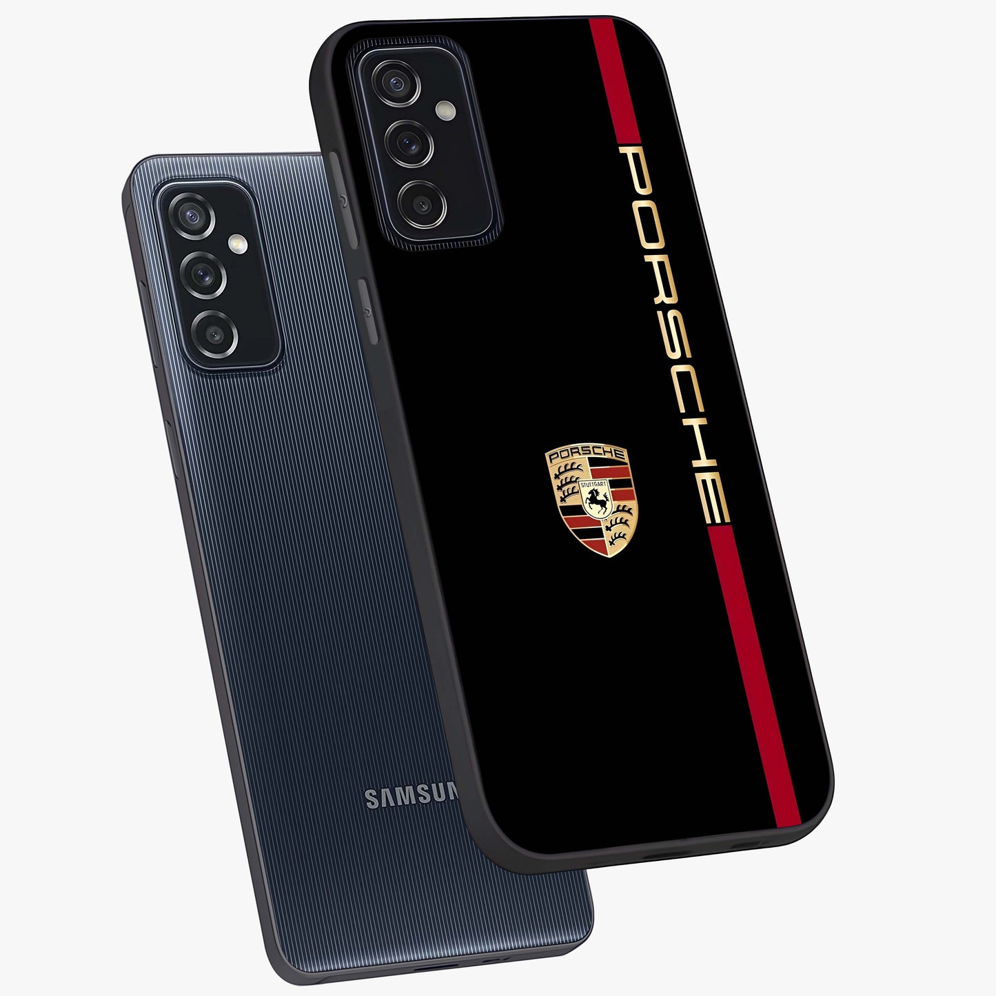 Black Minimal Porsche Glass Case displayed in angled mockup highlighting modern minimal car illustration and clean aesthetic design.