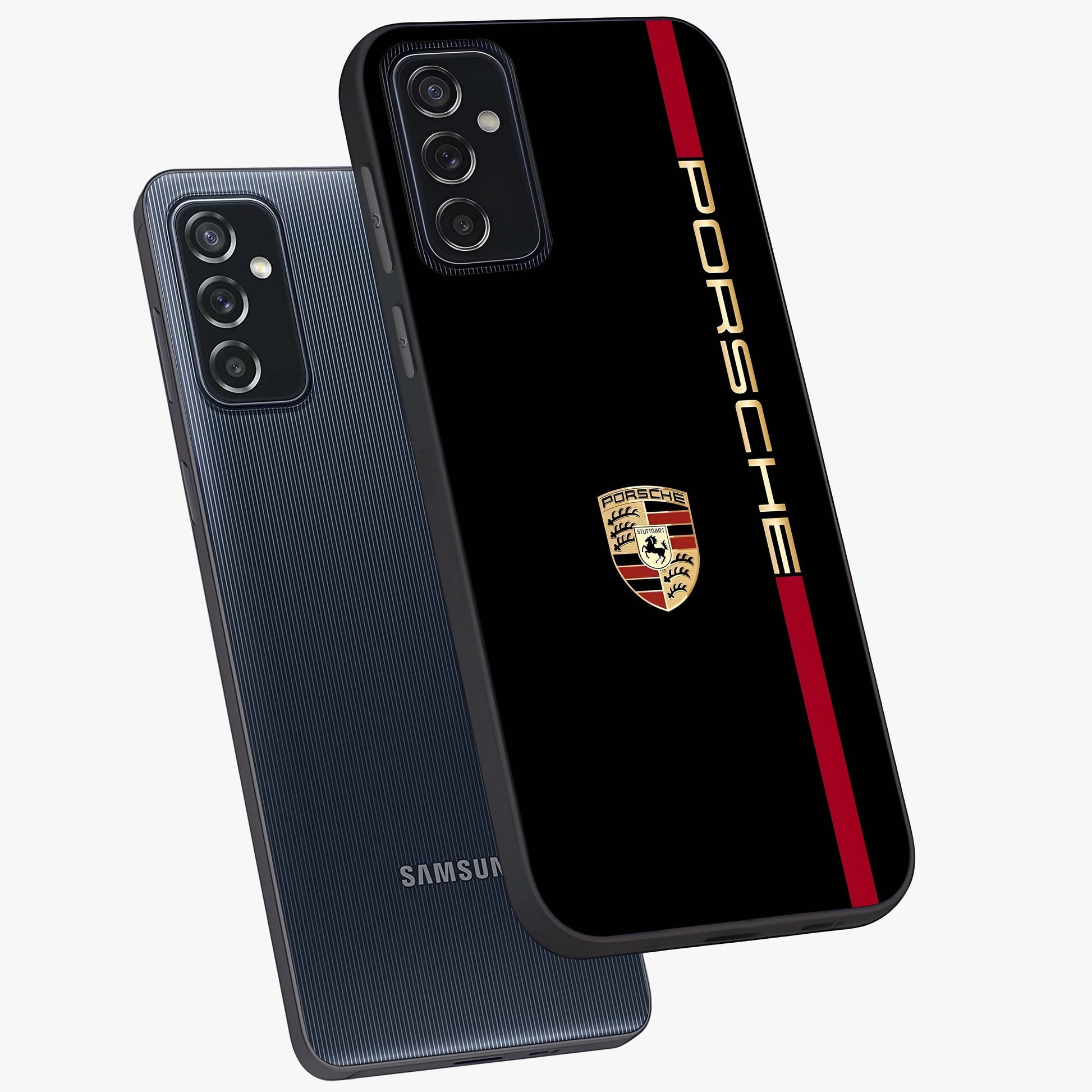 Black Minimal Porsche Glass Case displayed in angled mockup highlighting modern minimal car illustration and clean aesthetic design.