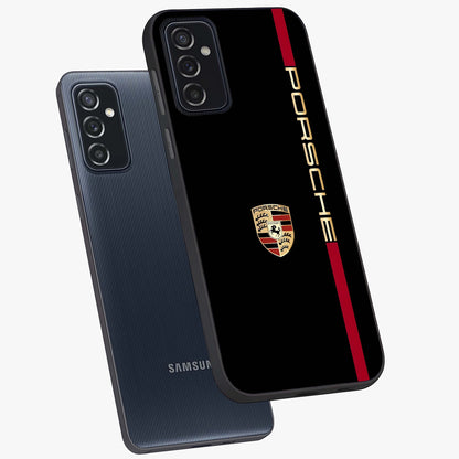 Black Minimal Porsche Glass Case displayed in angled mockup highlighting modern minimal car illustration and clean aesthetic design.