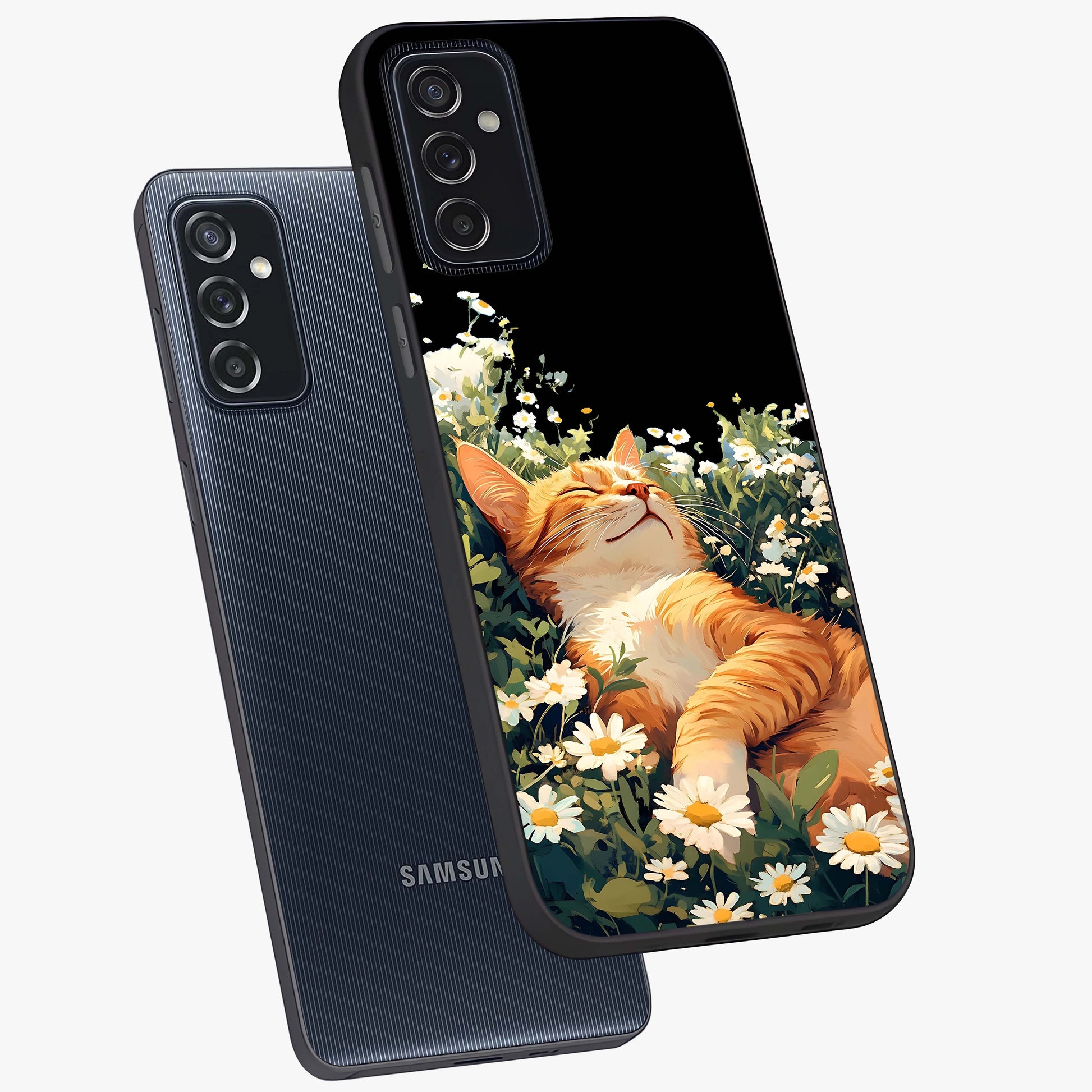 Blissful Bloom Cat Glass Case displayed in angled mockup highlighting playful feline illustration with soft floral aesthetic.