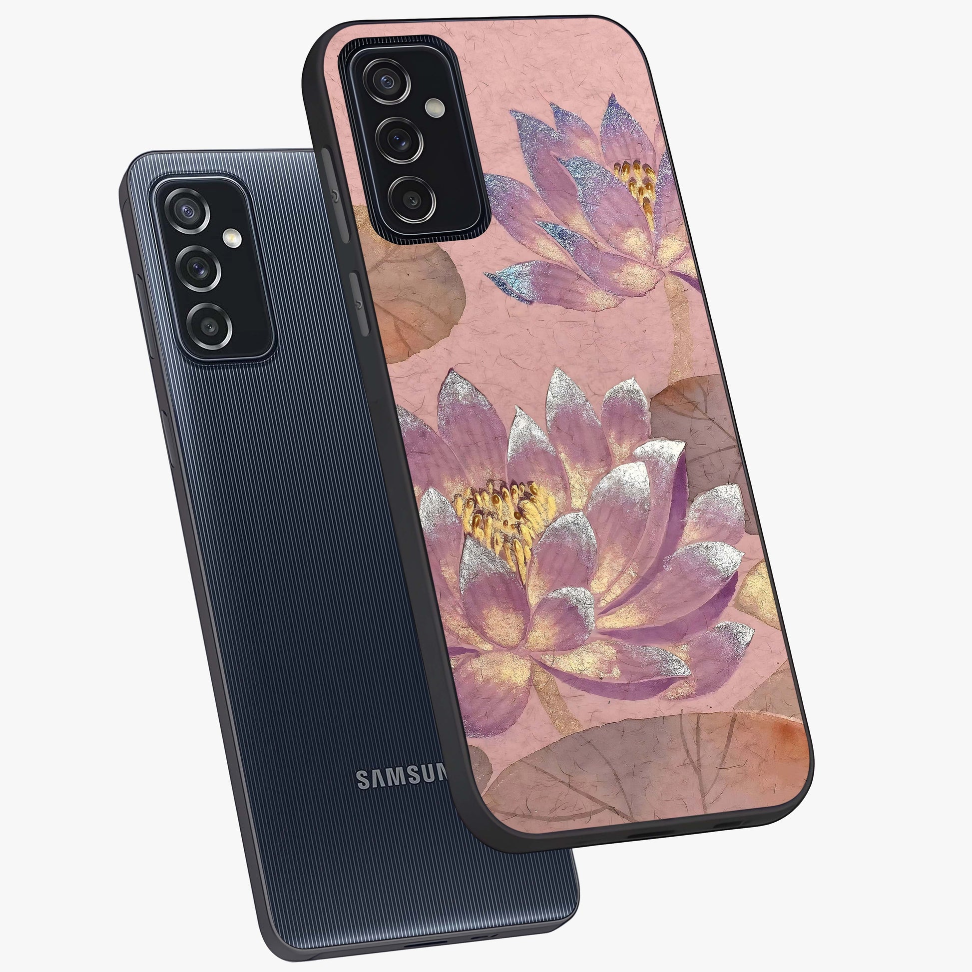 Blossom Mist Lotus Glass Case displayed in angled mockup highlighting delicate lotus illustration with calm aesthetic theme.