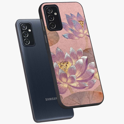 Blossom Mist Lotus Glass Case displayed in angled mockup highlighting delicate lotus illustration with calm aesthetic theme.