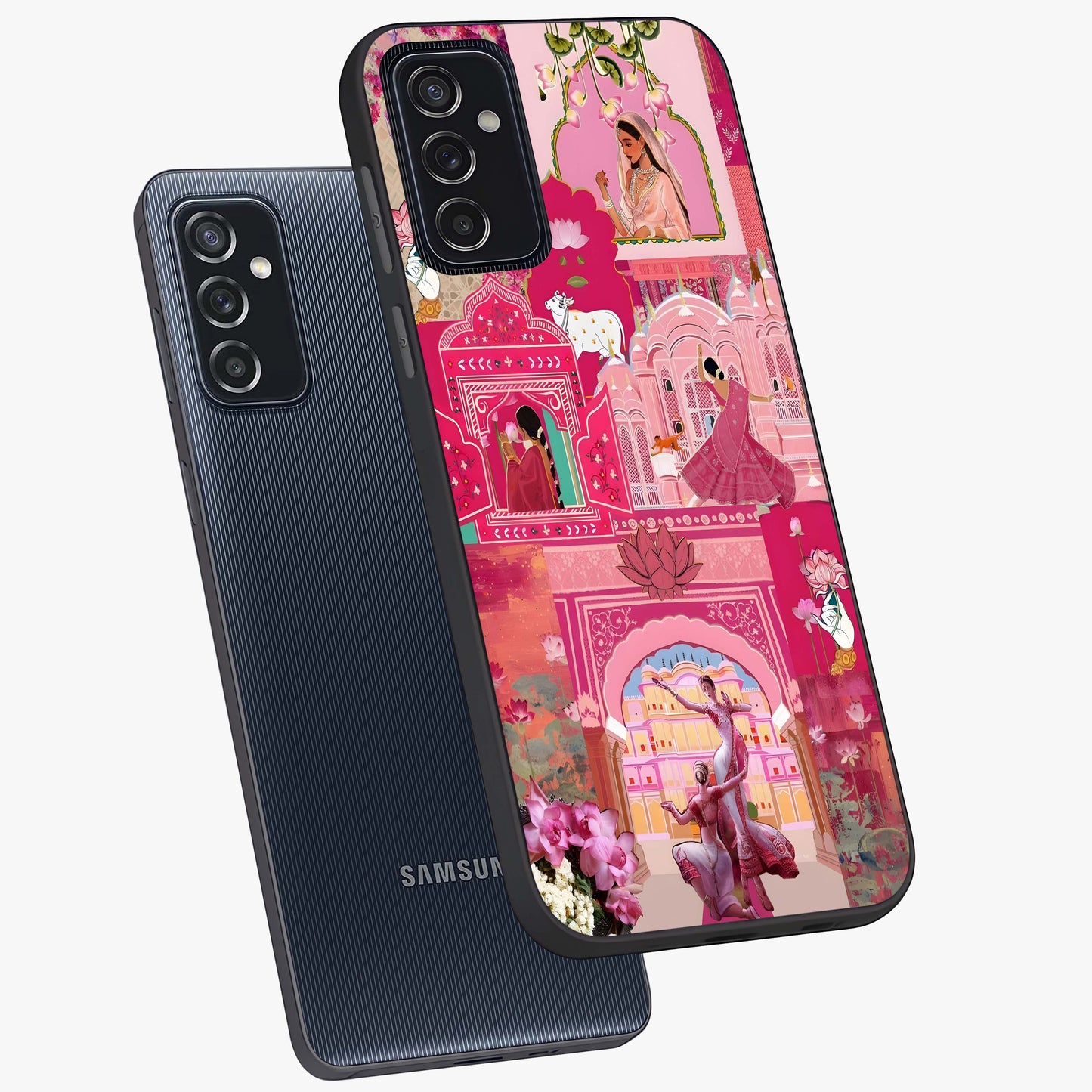 Blossoms of Rajasthan Glass Case displayed in angled mockup highlighting vibrant floral pattern with cultural aesthetic style.