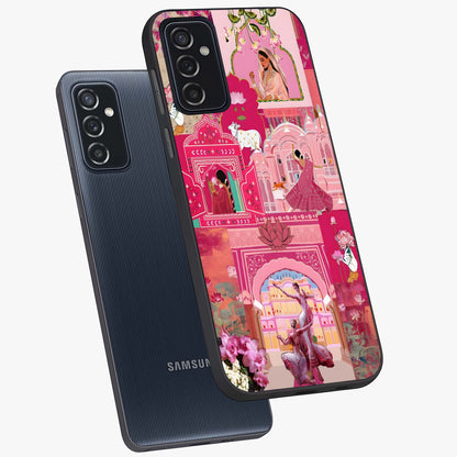 Blossoms of Rajasthan Glass Case displayed in angled mockup highlighting vibrant floral pattern with cultural aesthetic style.