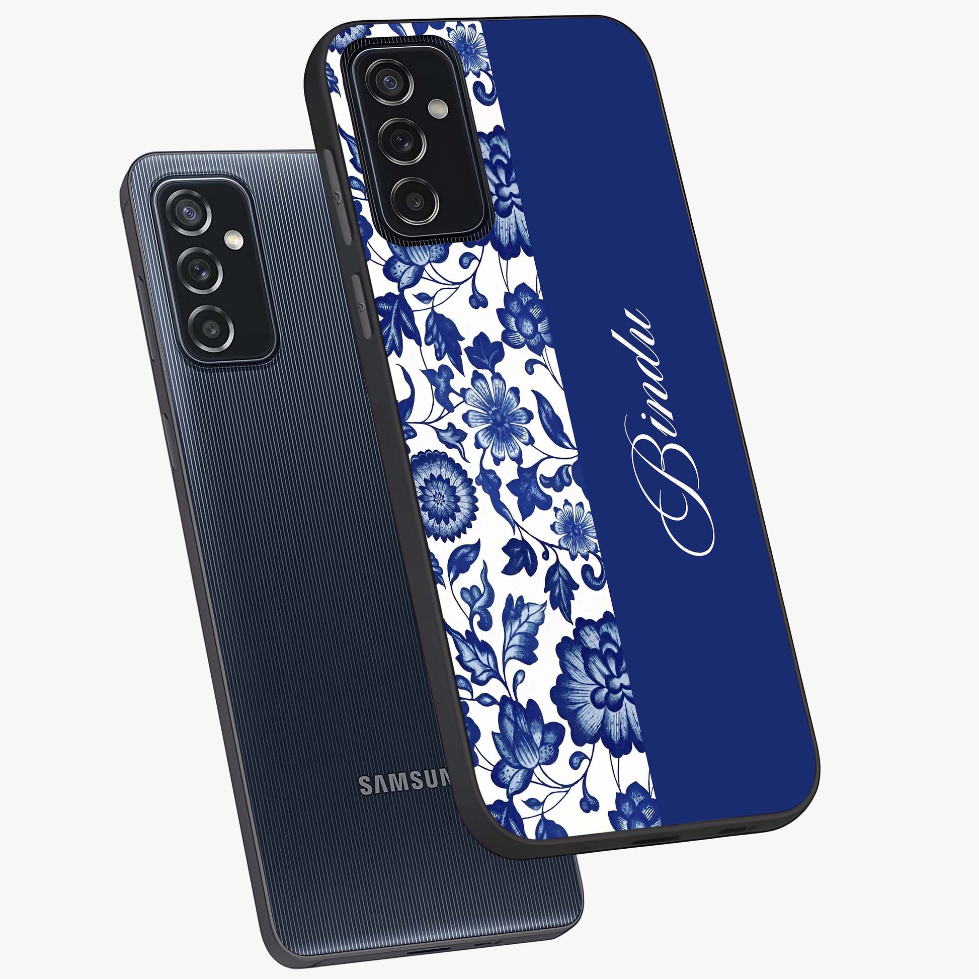 Blue Vintage Floral Pattern Glass Case displayed in angled mockup highlighting subtle bloom pattern with aesthetic pastel design.