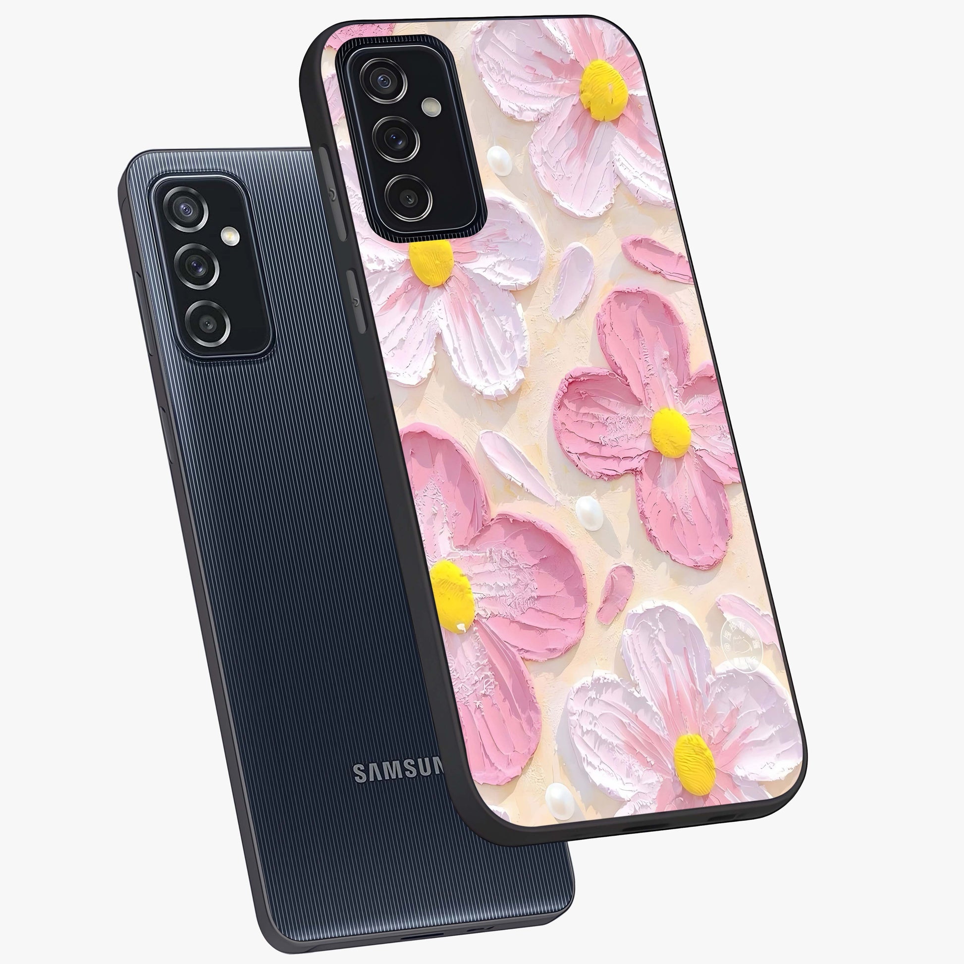 Blush Bloom Texture Glass Case displayed in angled mockup highlighting subtle bloom pattern with aesthetic pastel design.