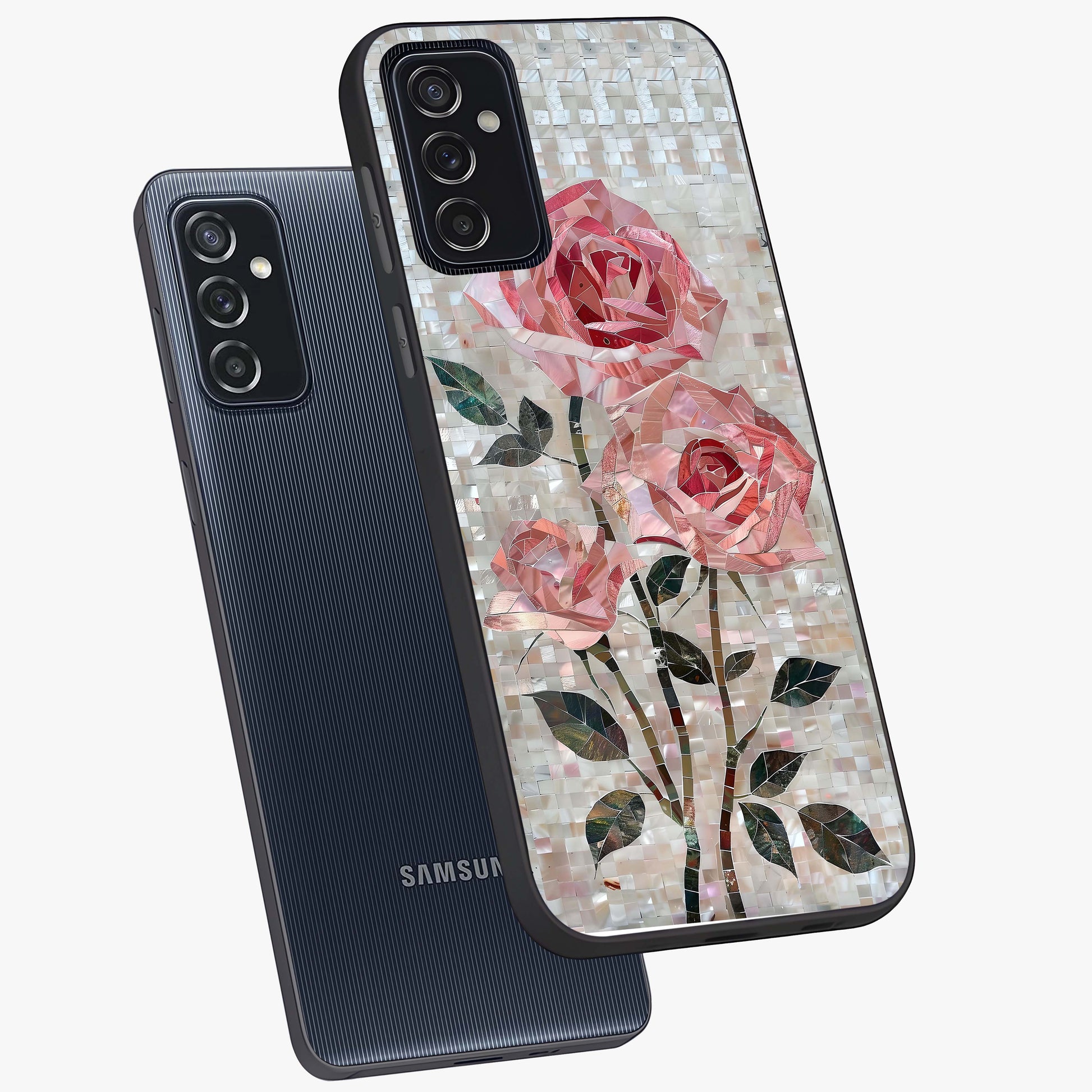 Blush Mosaic Bloom Glass Case displayed in angled mockup highlighting artistic mosaic flower pattern with aesthetic design.