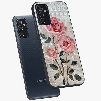 Blush Mosaic Bloom Glass Case displayed in angled mockup highlighting artistic mosaic flower pattern with aesthetic design.