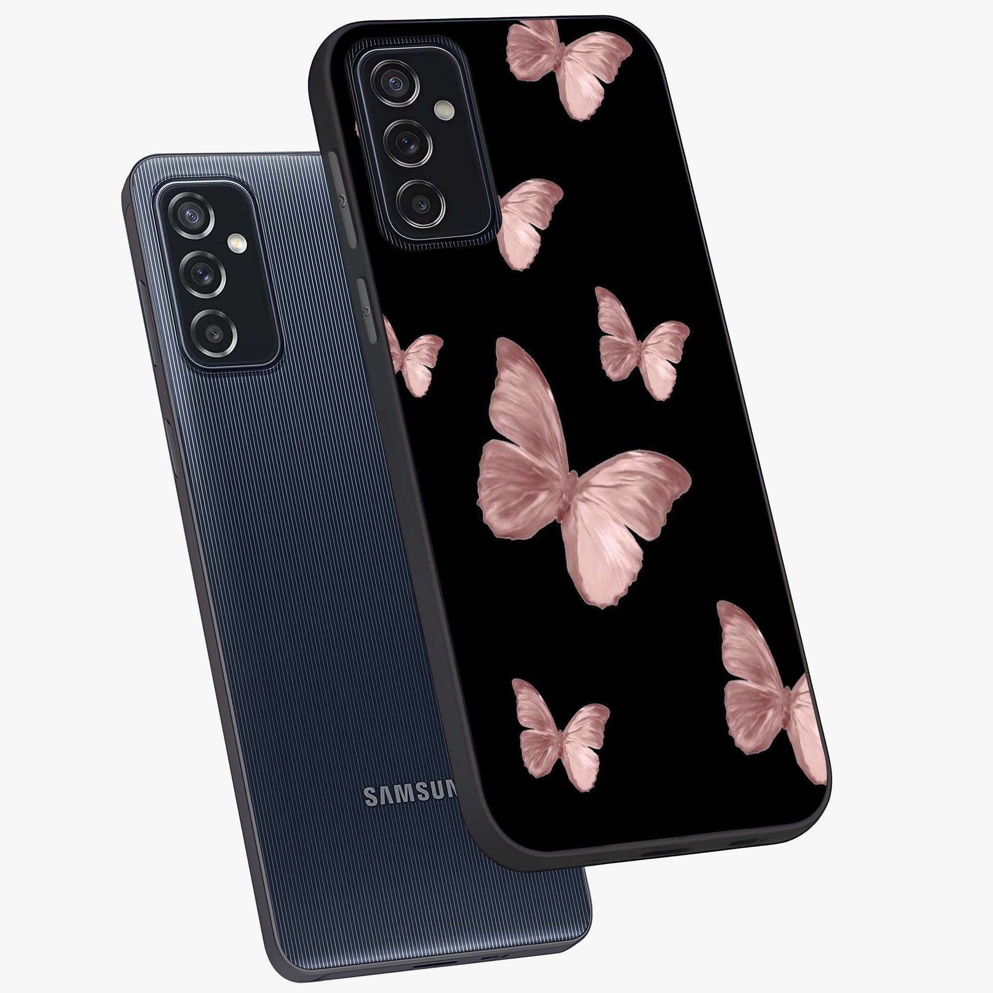 Butterfly Pattern Glass Case displayed in angled mockup highlighting delicate butterfly design and aesthetic pattern style.