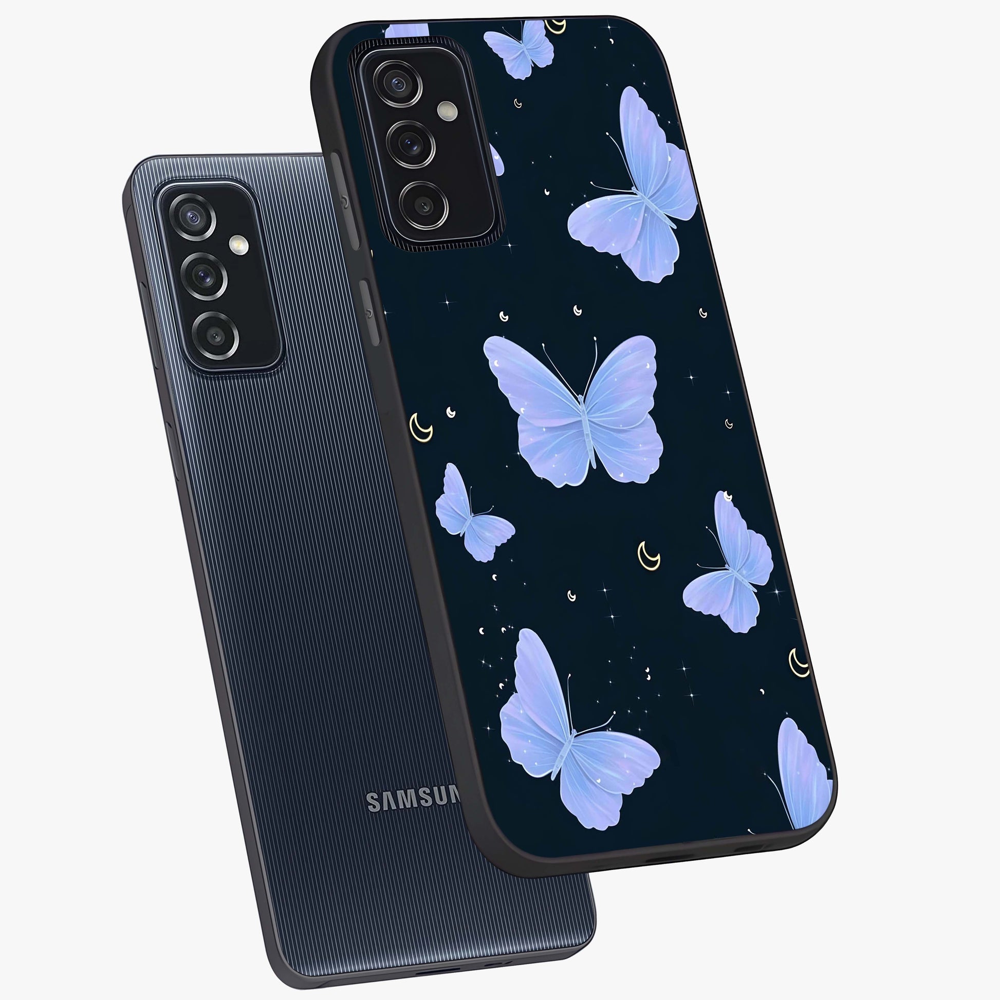 Butterfly With Stars Pattern Glass Case displayed in angled mockup highlighting dreamy butterfly and star design with aesthetic theme.