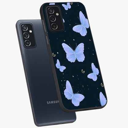 Butterfly With Stars Pattern Glass Case displayed in angled mockup highlighting dreamy butterfly and star design with aesthetic theme.