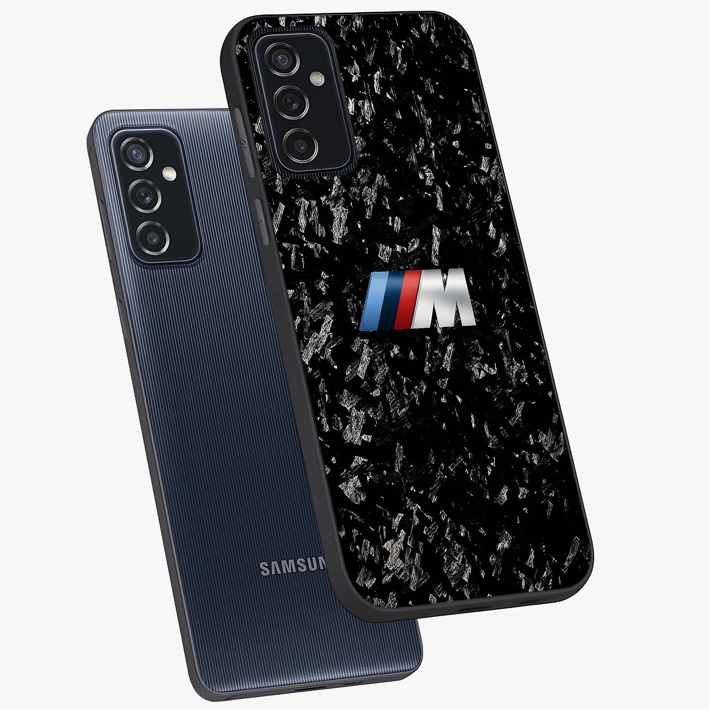 Carbon Speed Mark Glass Case displayed in angled mockup highlighting racing inspired carbon design and sleek aesthetic style.