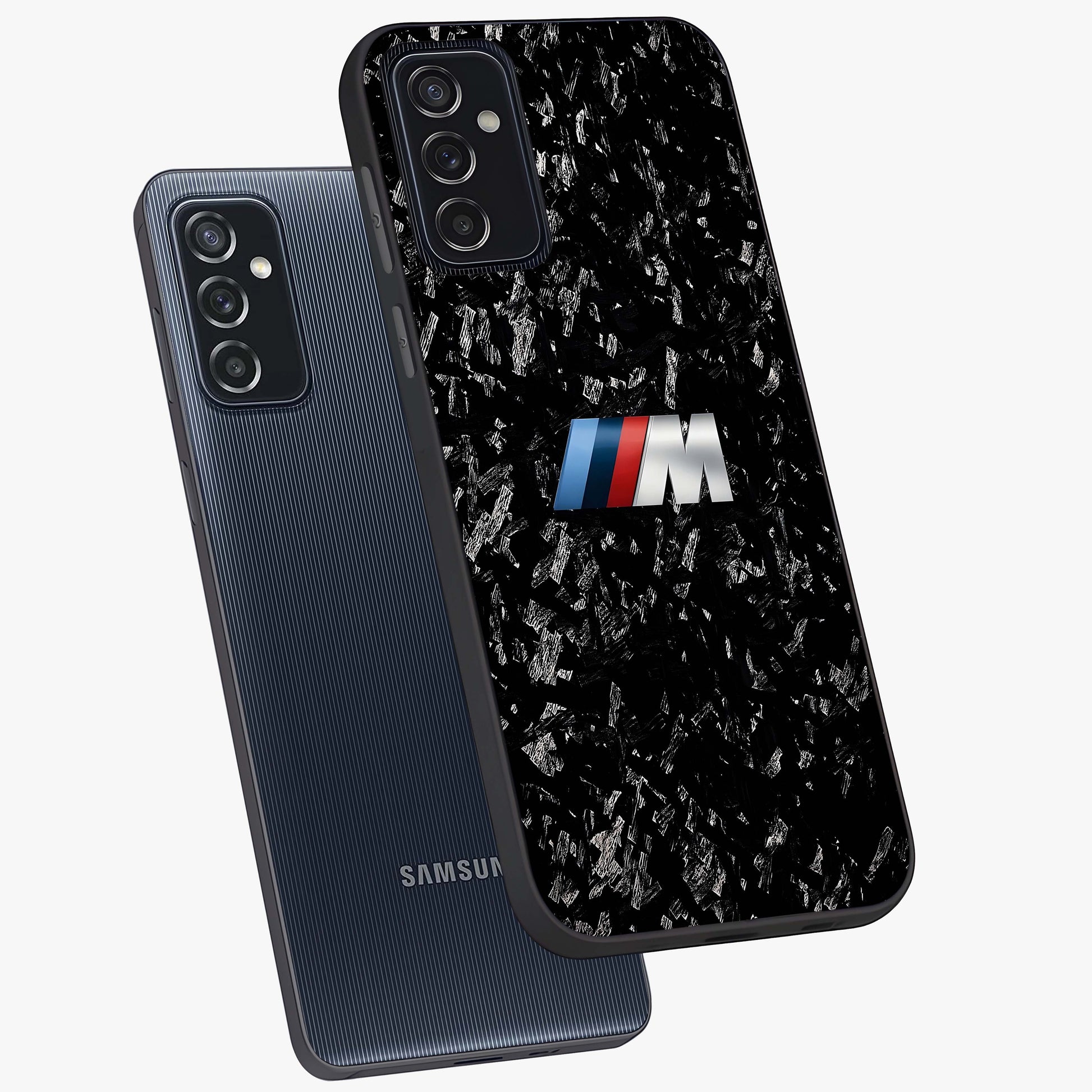Carbon Speed Mark Glass Case displayed in angled mockup highlighting racing inspired carbon design and sleek aesthetic style.