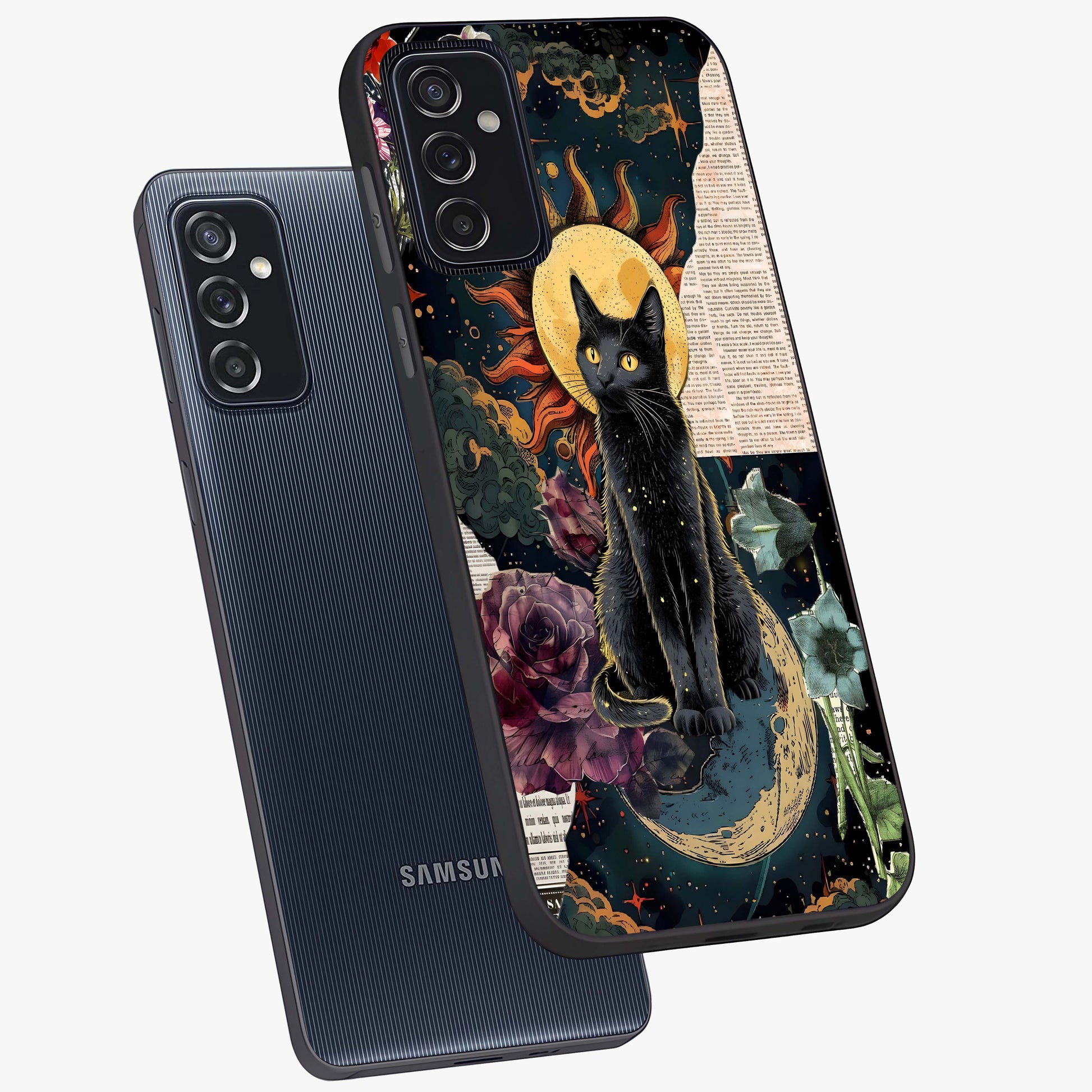 Celestial Black Cat Glass Case displayed in angled mockup highlighting cosmic black cat design with celestial aesthetic.