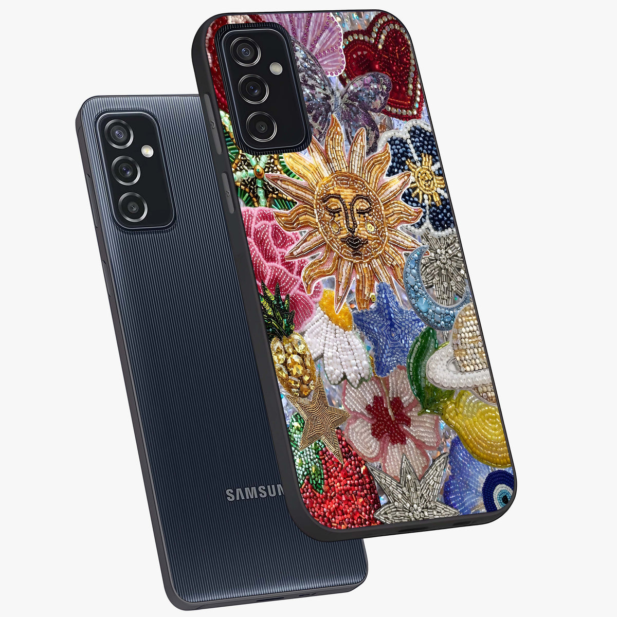 Celestial Floral and Playful Glass Case displayed in angled mockup highlighting playful floral design with dreamy celestial elements.