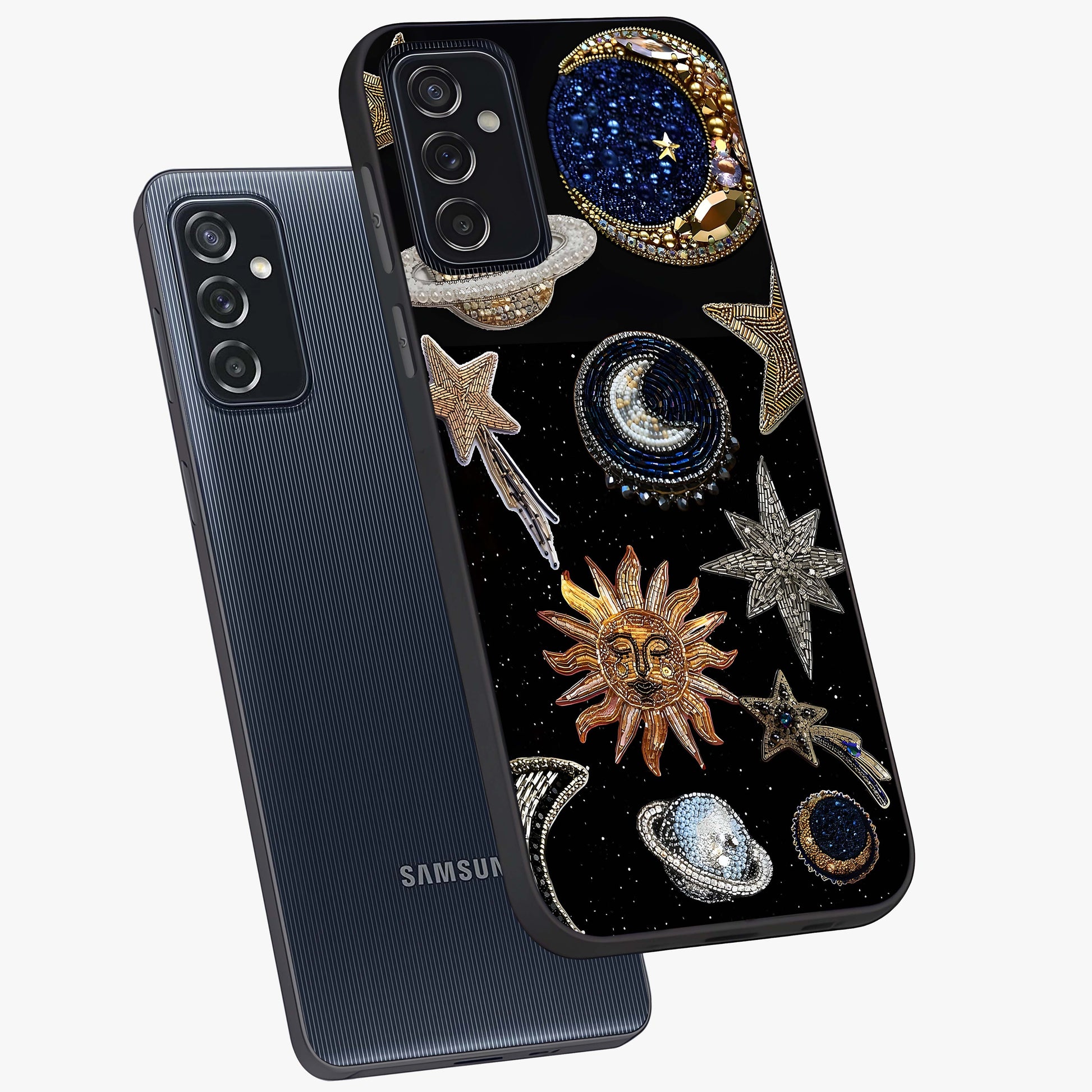 Celestial Gem Constellations Glass Case displayed in angled mockup highlighting gemstone inspired constellation design.