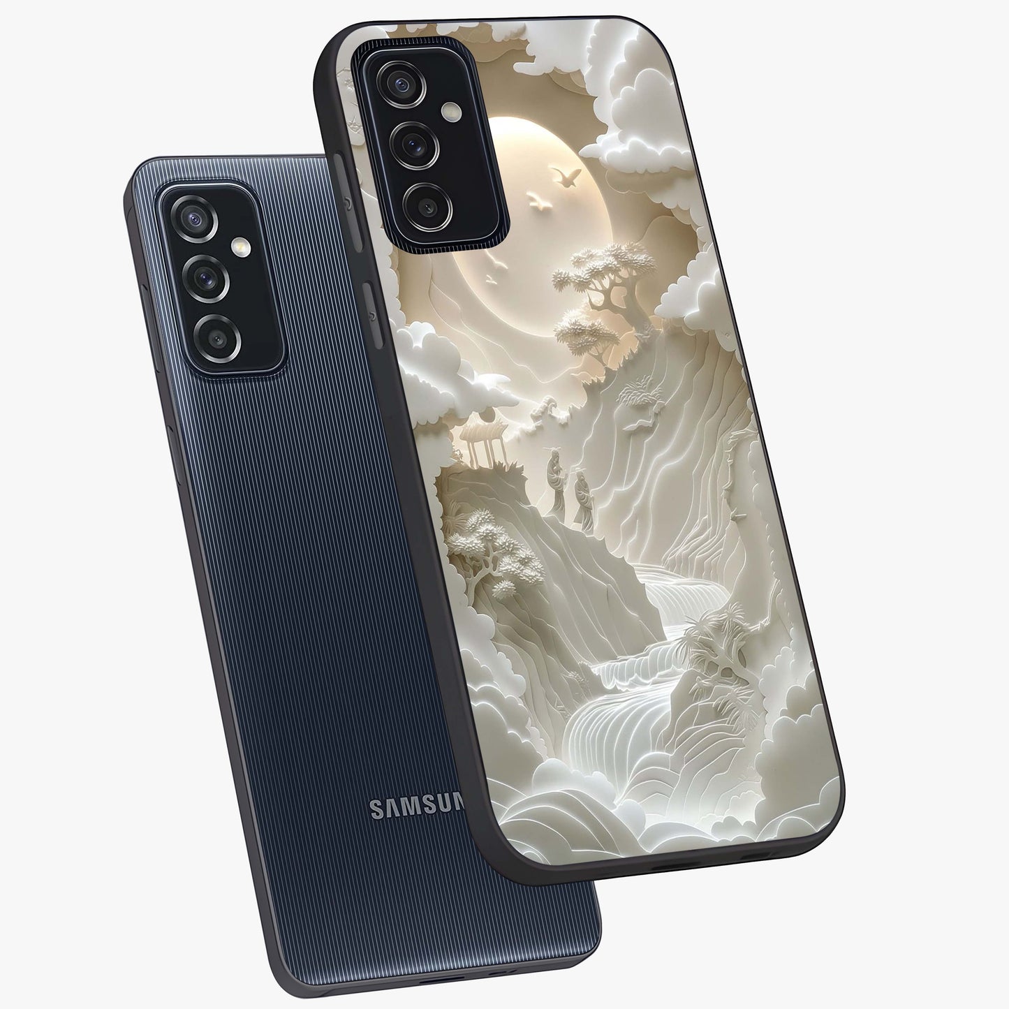 Celestial Origami Glass Case displayed in angled mockup highlighting geometric origami design with cosmic aesthetic theme.