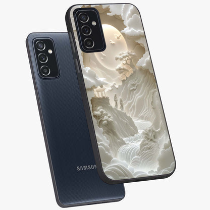 Celestial Origami Glass Case displayed in angled mockup highlighting geometric origami design with cosmic aesthetic theme.