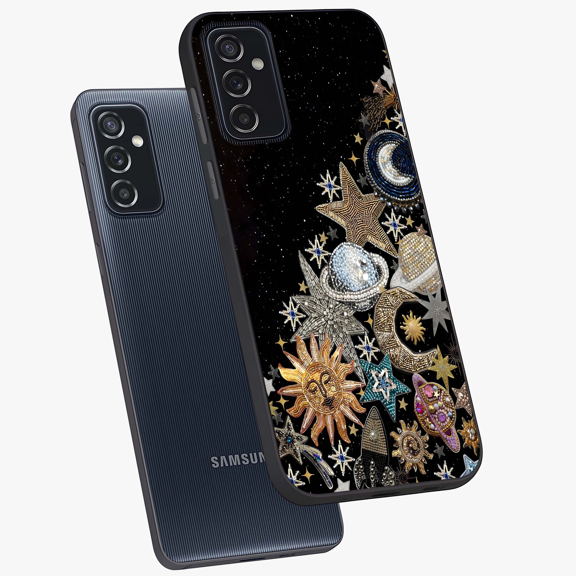 Cosmic Sparkle Dreams Glass Case displayed in angled mockup highlighting dreamy star sparkle design with celestial aesthetic.