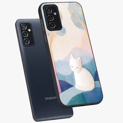 Cotton Dream Cat Glass Case displayed in angled mockup highlighting cute feline illustration with pastel aesthetic style.
