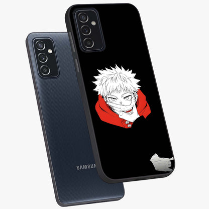 Crimson Chaos Smile Glass Case displayed in angled mockup highlighting edgy crimson smile design with graphic aesthetic.