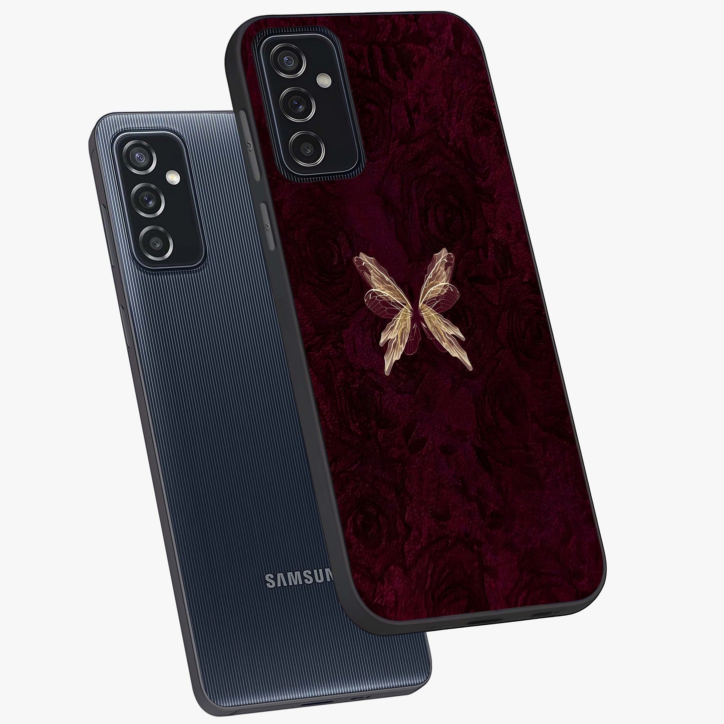 Crimson Fade Butterfly Glass Case displayed in angled mockup highlighting elegant butterfly design with crimson gradient aesthetic.