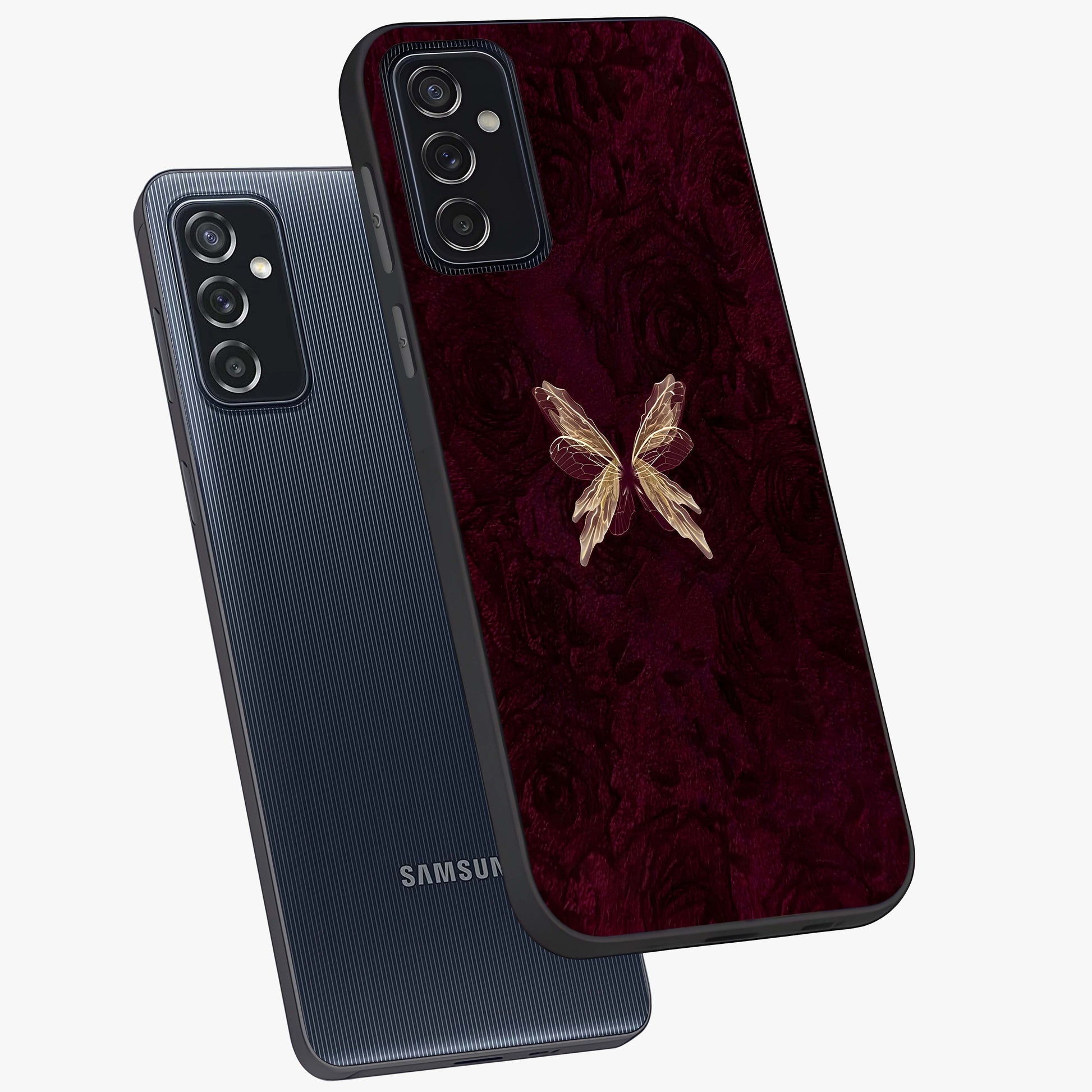 Crimson Fade Butterfly Glass Case displayed in angled mockup highlighting elegant butterfly design with crimson gradient aesthetic.
