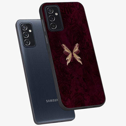Crimson Fade Butterfly Glass Case displayed in angled mockup highlighting elegant butterfly design with crimson gradient aesthetic.