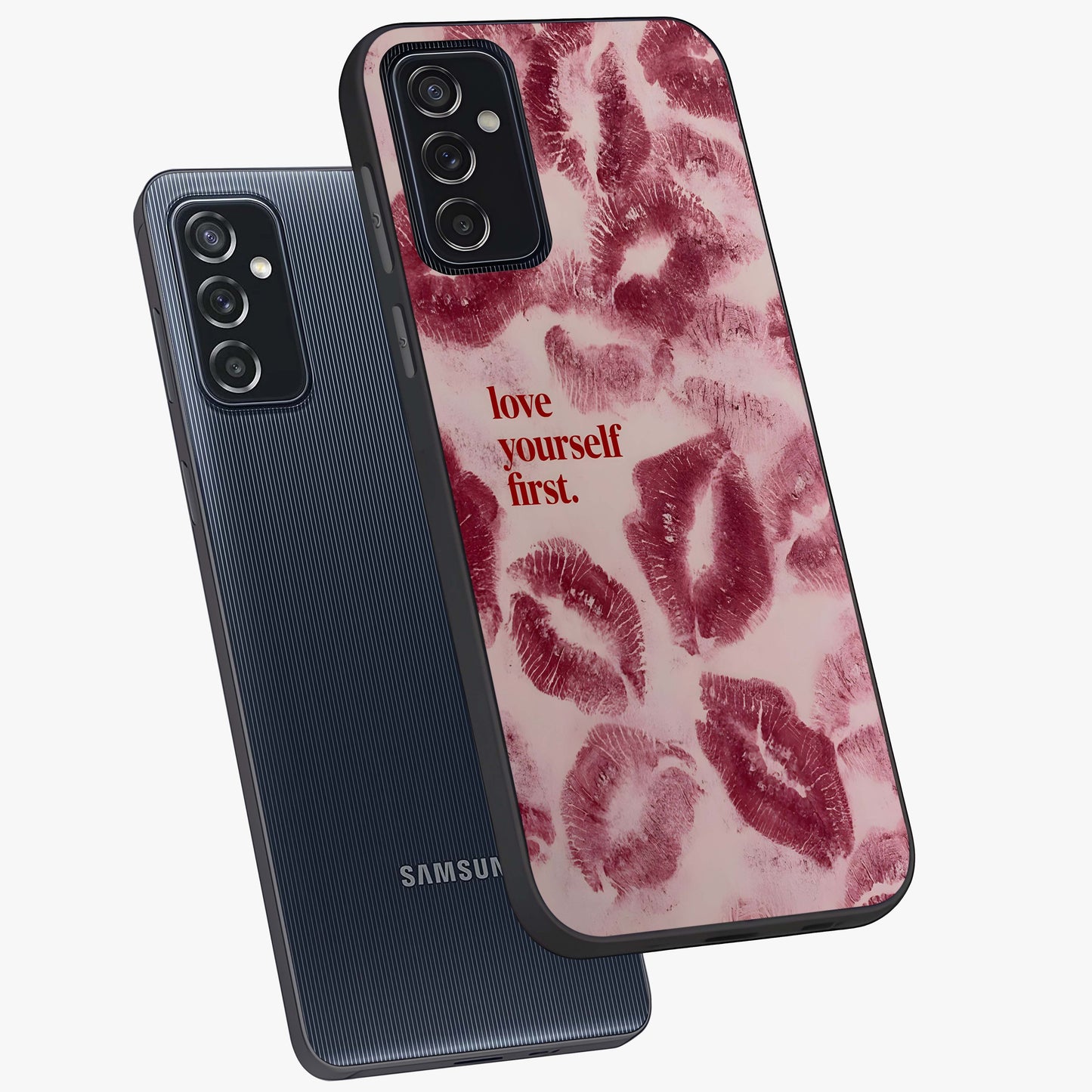 Crimson Kiss Love Glass Case displayed in angled mockup highlighting bold love inspired design with modern aesthetic style.