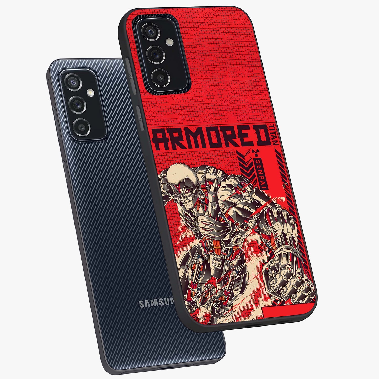 Crimson Mecha Titan Glass Case displayed in angled mockup highlighting futuristic mech illustration with bold crimson aesthetic.