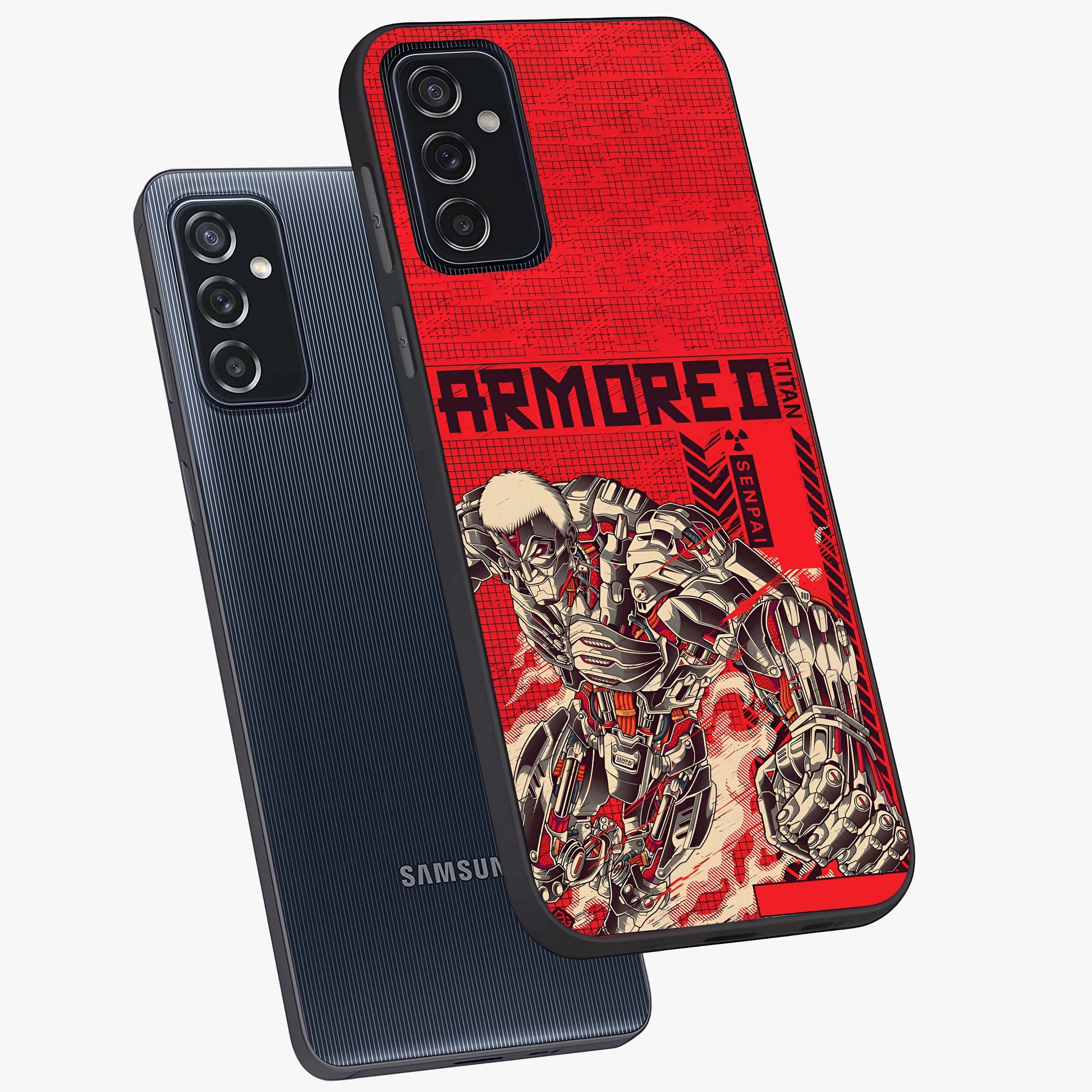 Crimson Mecha Titan Glass Case displayed in angled mockup highlighting futuristic mech illustration with bold crimson aesthetic.