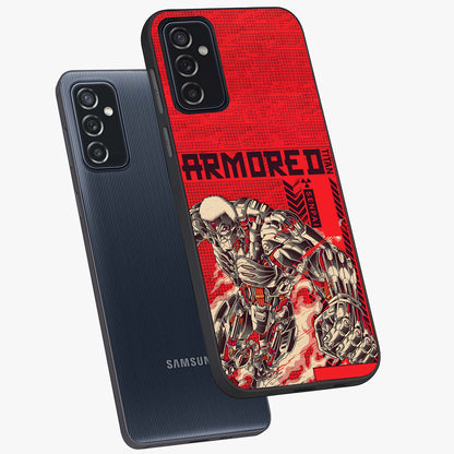 Crimson Mecha Titan Glass Case displayed in angled mockup highlighting futuristic mech illustration with bold crimson aesthetic.