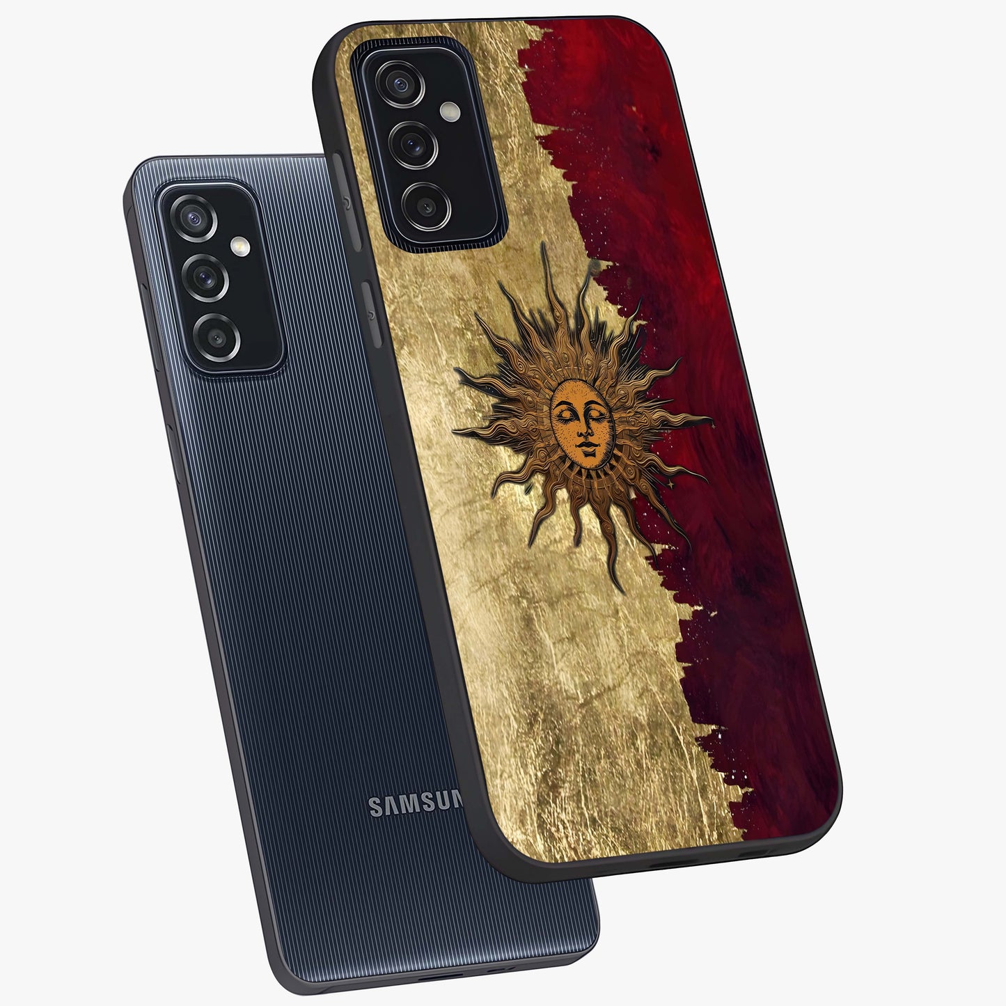 Crimson Sun Majesty Glass Case displayed in angled mockup highlighting majestic crimson sun design with bold aesthetic style.