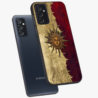 Crimson Sun Majesty Glass Case displayed in angled mockup highlighting majestic crimson sun design with bold aesthetic style.