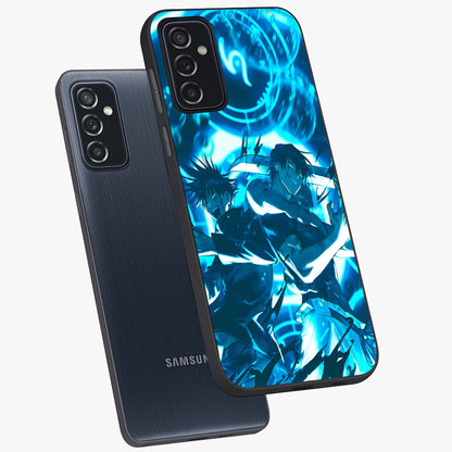 Cursed Energy Clash Glass Case displayed in angled mockup highlighting powerful battle inspired graphic with anime style aesthetic.