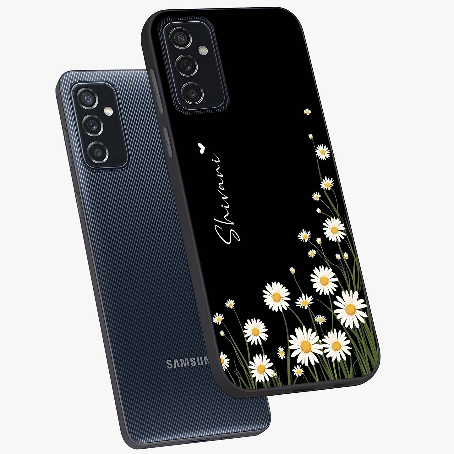 Daisy Cascade Custom Name Glass Case displayed in angled mockup highlighting delicate daisy artwork with custom name feature.