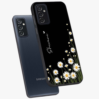 Daisy Cascade Custom Name Glass Case displayed in angled mockup highlighting delicate daisy artwork with custom name feature.
