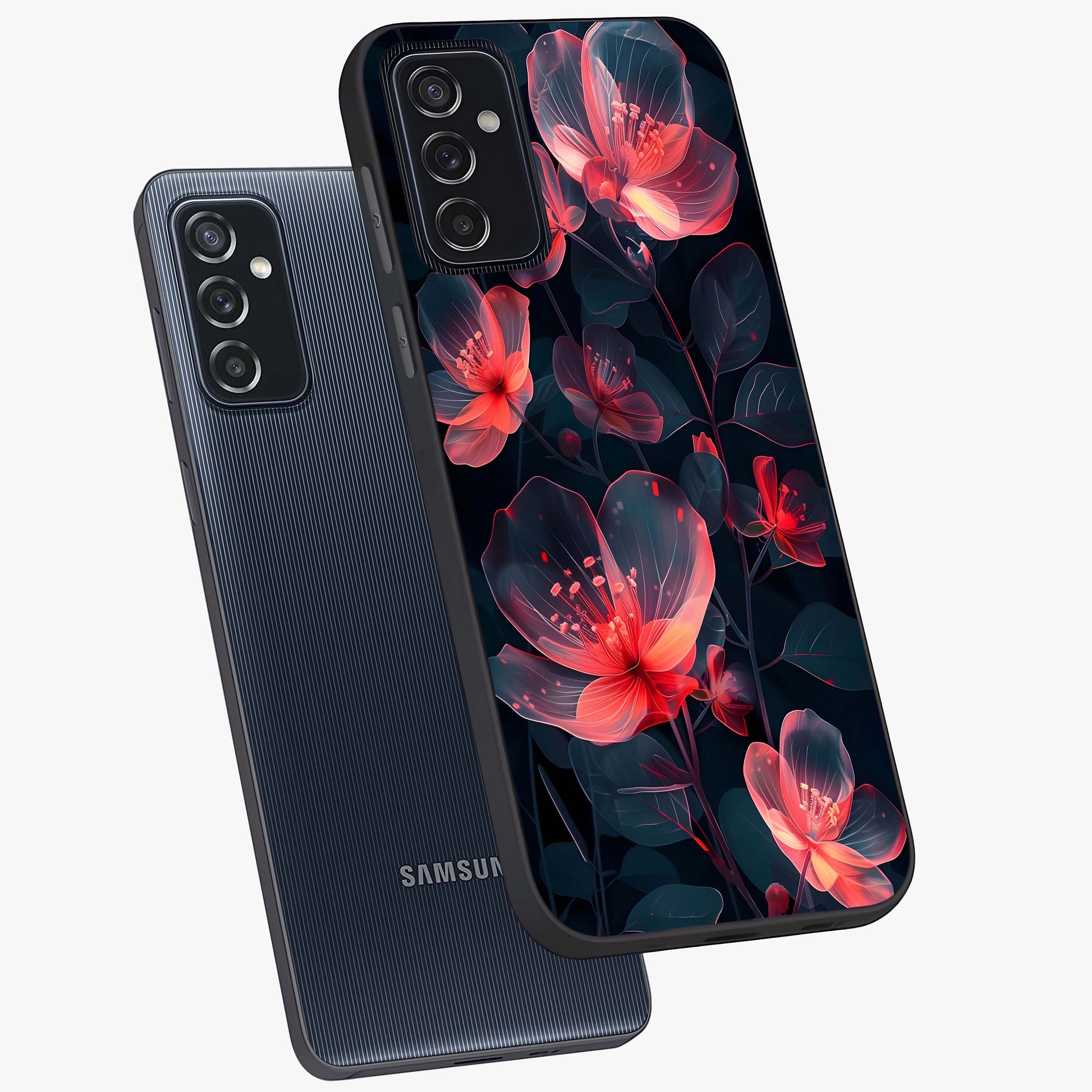 Dark Shade of Flower Glass Case displayed in angled mockup highlighting moody floral illustration with aesthetic dark tones.