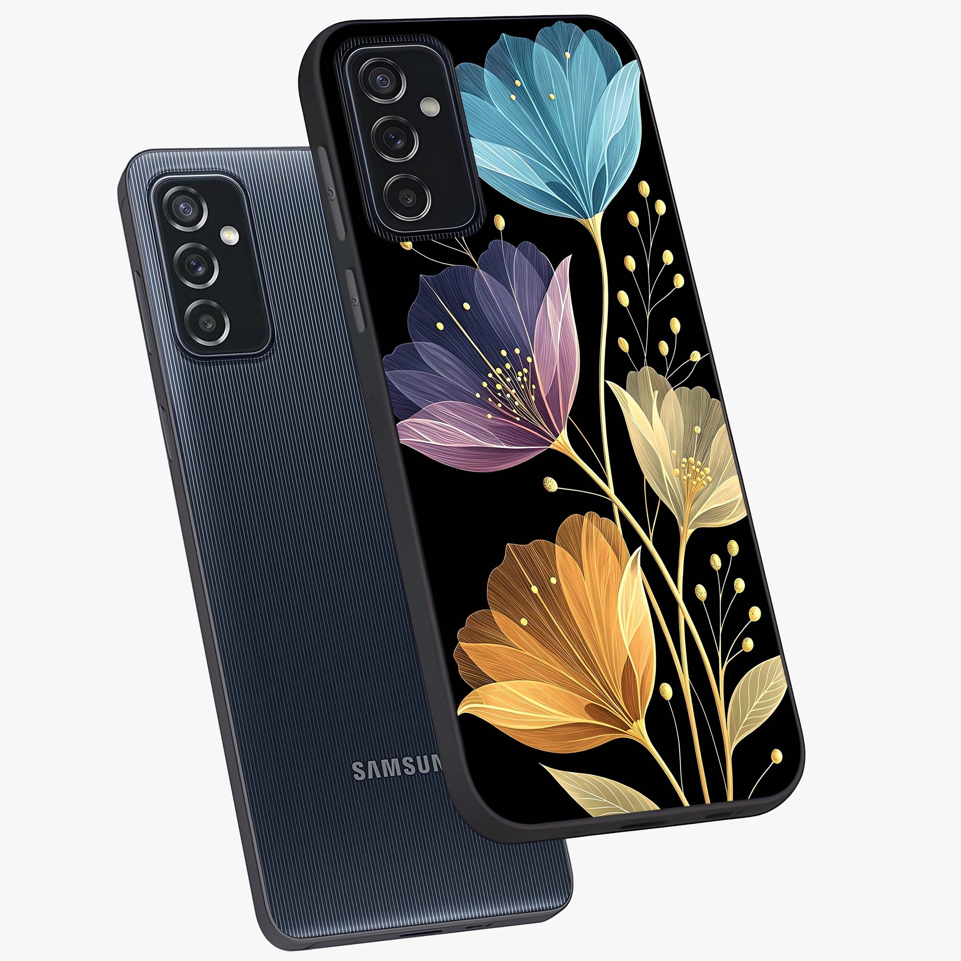 Delicate Multicolor Flowers Glass Case displayed in angled mockup highlighting colorful flower pattern with soft aesthetic style.