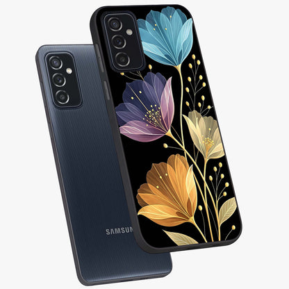Delicate Multicolor Flowers Glass Case displayed in angled mockup highlighting colorful flower pattern with soft aesthetic style.
