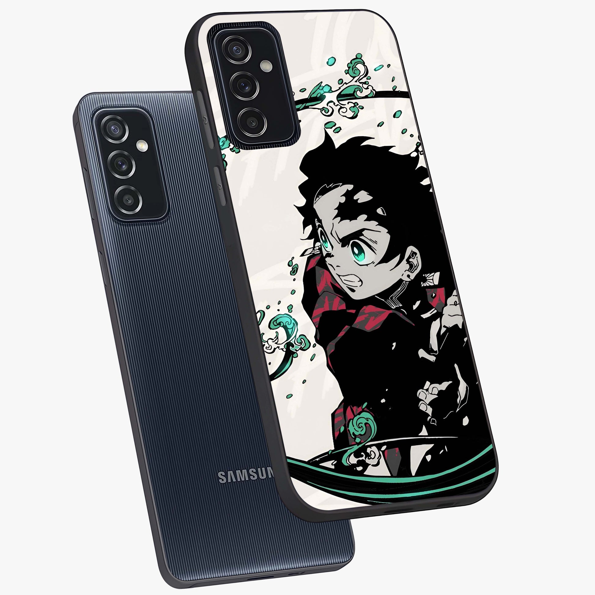 Demon Slayer Glass Case displayed in angled mockup highlighting dramatic anime character design with action aesthetic.
