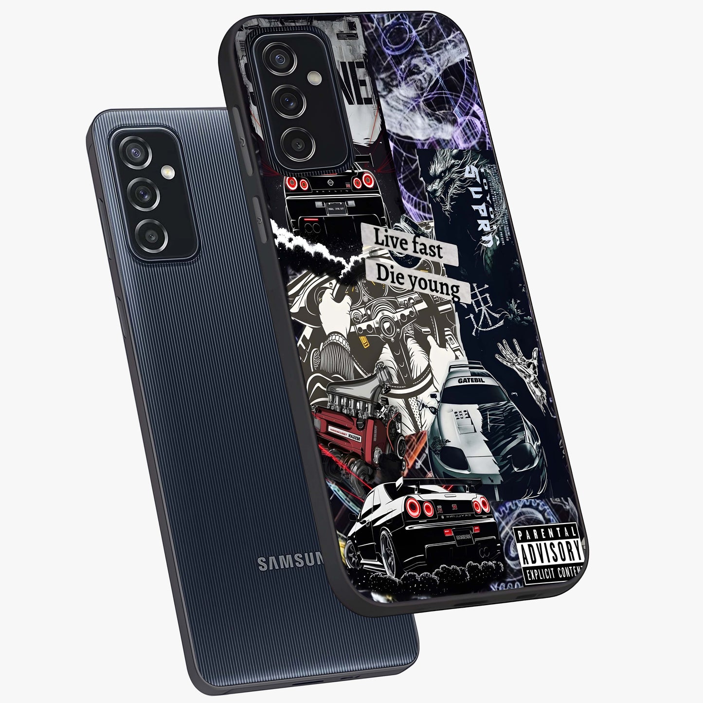Die Young Glass Case displayed in angled mockup highlighting expressive graphic artwork with edgy aesthetic style.