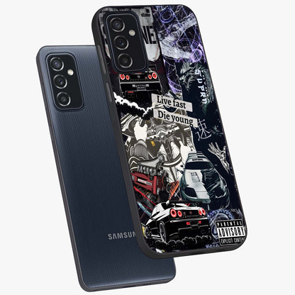Die Young Glass Case displayed in angled mockup highlighting expressive graphic artwork with edgy aesthetic style.