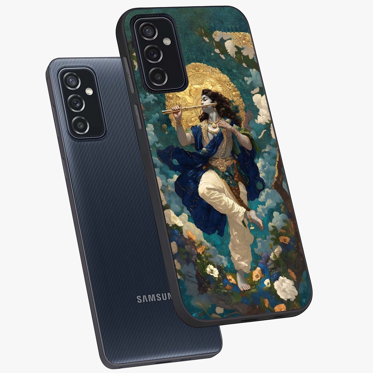 Divine Krishna Art Glass Case displayed in angled mockup highlighting spiritual Krishna illustration with devotional aesthetic.